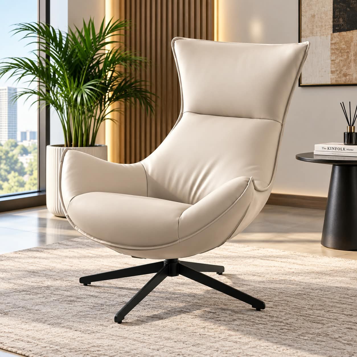 MODERN SCANDINAVIAN OFF-WHITE LEATHERETTE SWIVEL ACCENT CHAIR - Image 1