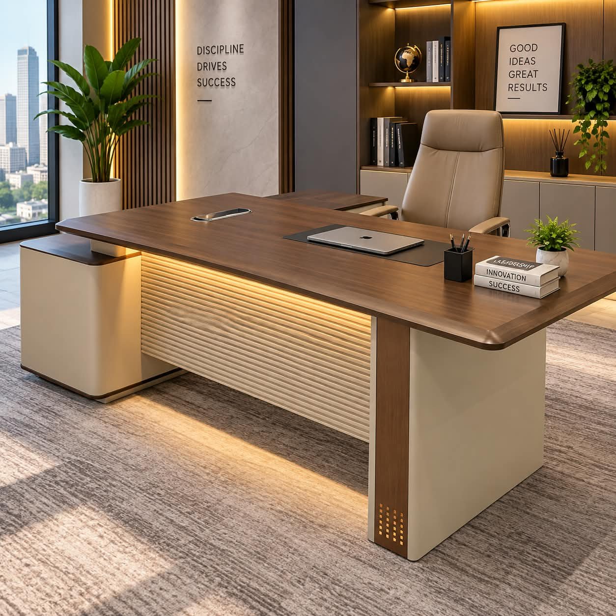. MODERN ILLUMINATED EXECUTIVE DESK WITH INTEGRATED CREDENZA - Image 1