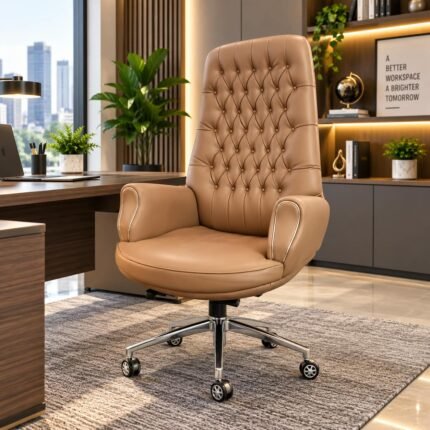 EXECUTIVE TUFTED CAMEL-BEIGE LEATHER OFFICE CHAIR