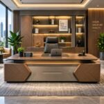 APEX CONTEMPORARY EXECUTIVE DESK WITH INTEGRATED LED ACCENT LIGHTING AND CHEVRON WOOD PANELING
