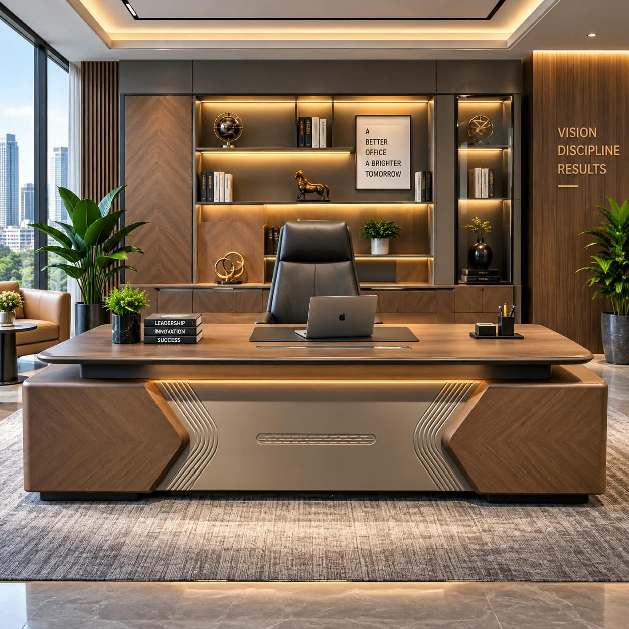 APEX CONTEMPORARY EXECUTIVE DESK WITH INTEGRATED LED ACCENT LIGHTING AND CHEVRON WOOD PANELING - Image 1