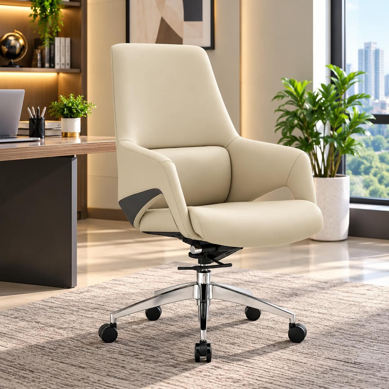 EXECUTIVE MODERN CREAM LEATHER EXECUTIVE OFFICE CHAIR - Image 1