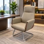 MODERN BEIGE LEATHERETTE EXECUTIVE VISITOR CHAIR WITH WOOD ACCENTS AND CHROME SLED BASE