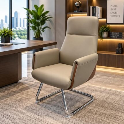 MODERN BEIGE LEATHERETTE EXECUTIVE VISITOR CHAIR WITH WOOD ACCENTS AND CHROME SLED BASE