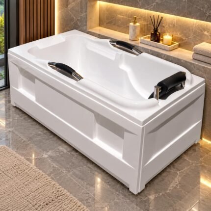 MODERN FREESTANDING ACRYLIC BATHTUB WITH INTEGRATED GRAB BARS AND PILLOW