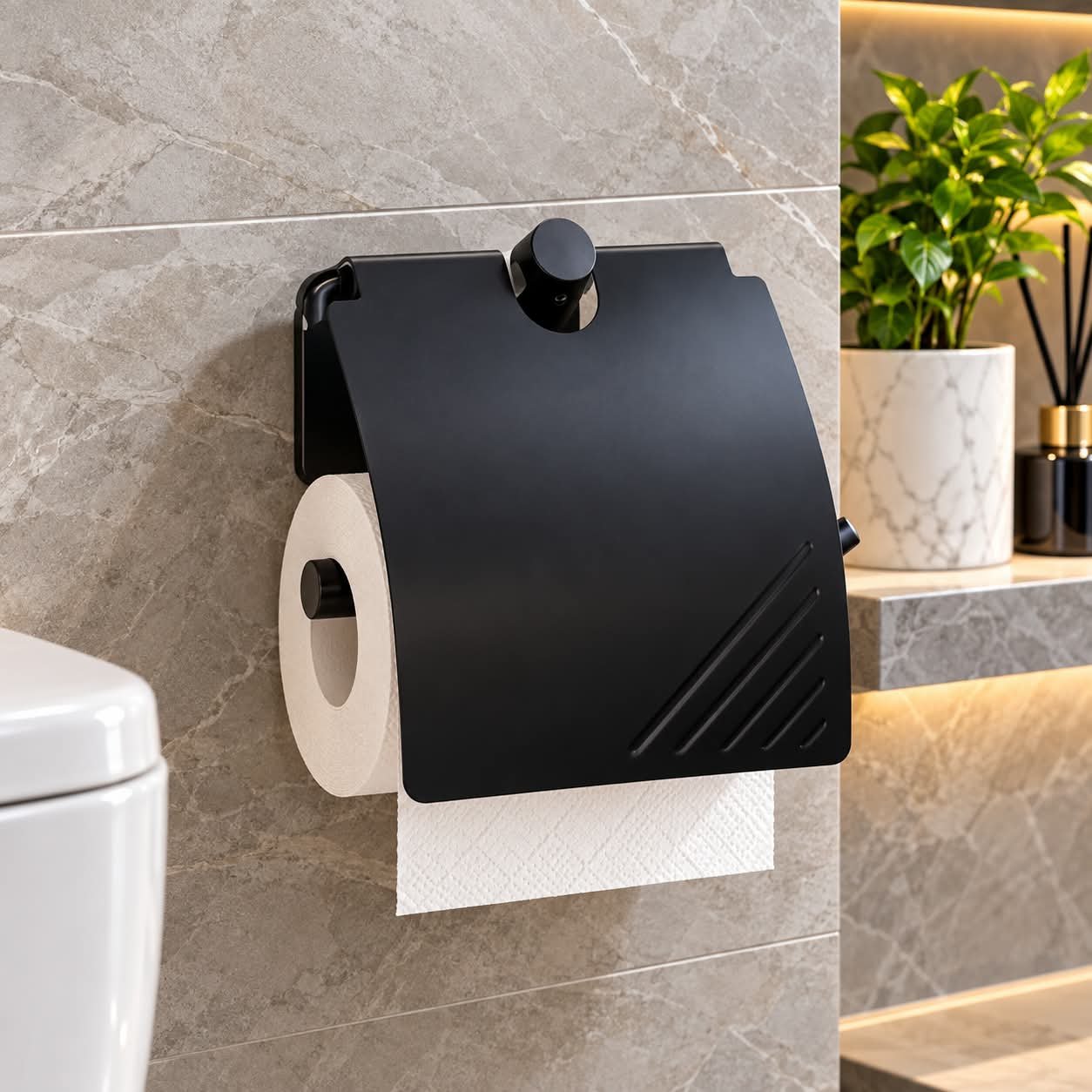 MATTE BLACK WALL-MOUNTED TOILET PAPER HOLDER WITH COVER - Image 1