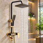 LUXURY MATTE BLACK AND GOLD EXPOSED RAIN SHOWER SYSTEM WITH HANDHELD SPRAYER AND TUB SPOUT
