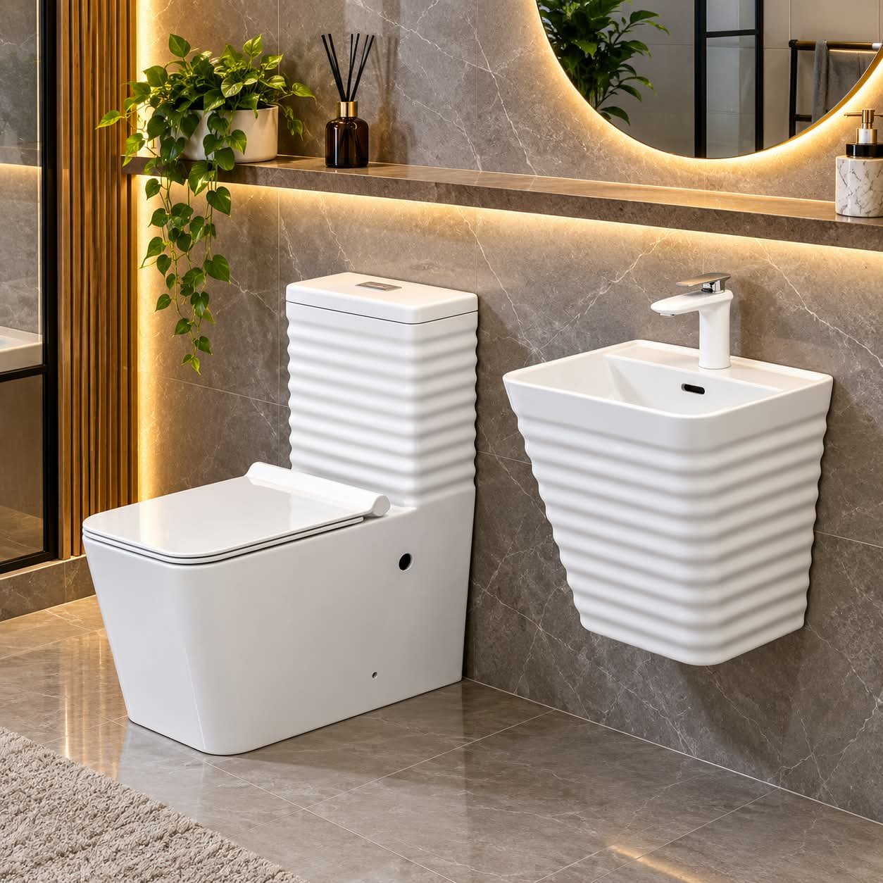 MODERN FLUTED BATHROOM TOILET AND WALL-MOUNTED SINK SET - Image 1