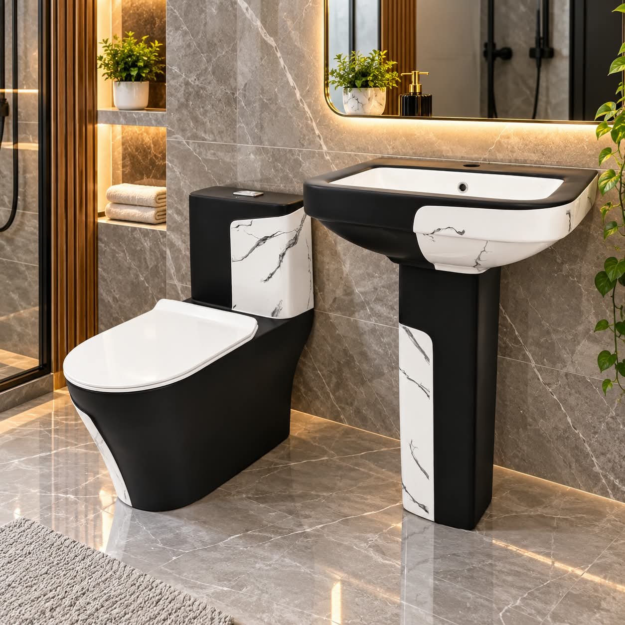 MODERN BLACK & WHITE MARBLE-ACCENT BATHROOM SUITE - Image 1