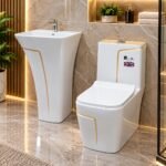 MODERN CERAMIC PEDESTAL SINK AND TOILET SET WITH GOLD ACCENTS