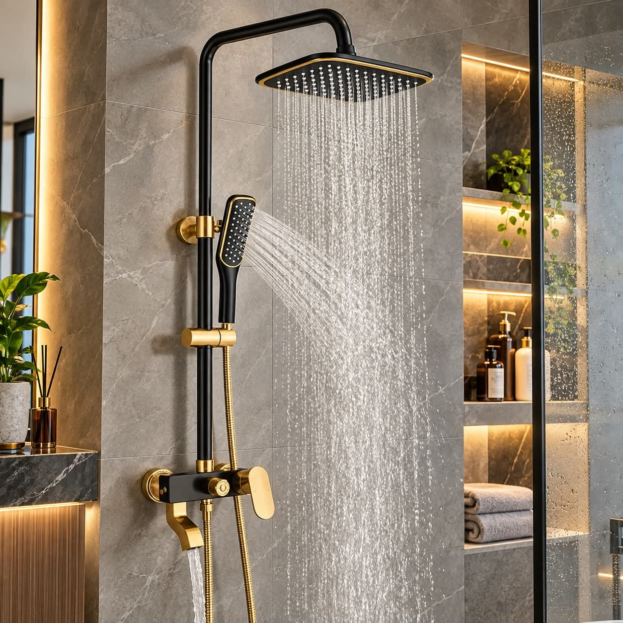 LUXURY MATTE BLACK AND BRUSHED GOLD DUAL-FUNCTION RAIN SHOWER SYSTEM - Image 1