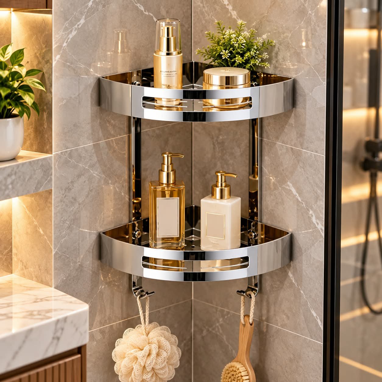 LUXURY 2-TIER STAINLESS STEEL CORNER SHOWER CADDY - Image 1