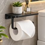 MATTE BLACK WALL-MOUNTED TOILET PAPER HOLDER WITH STORAGE SHELF