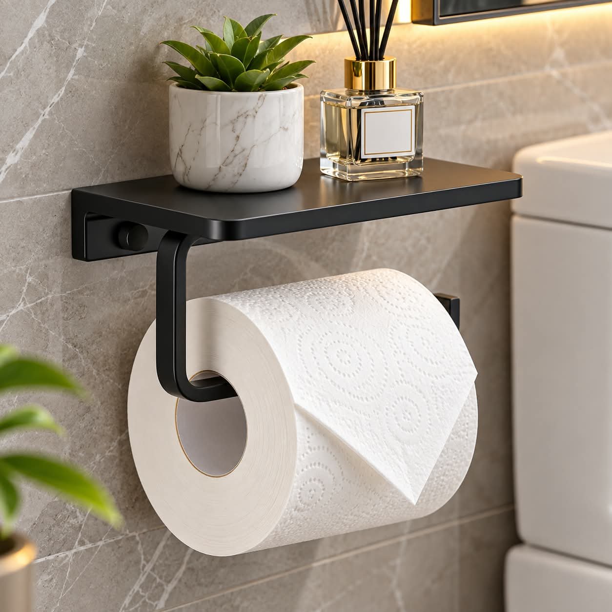 MATTE BLACK WALL-MOUNTED TOILET PAPER HOLDER WITH STORAGE SHELF - Image 1