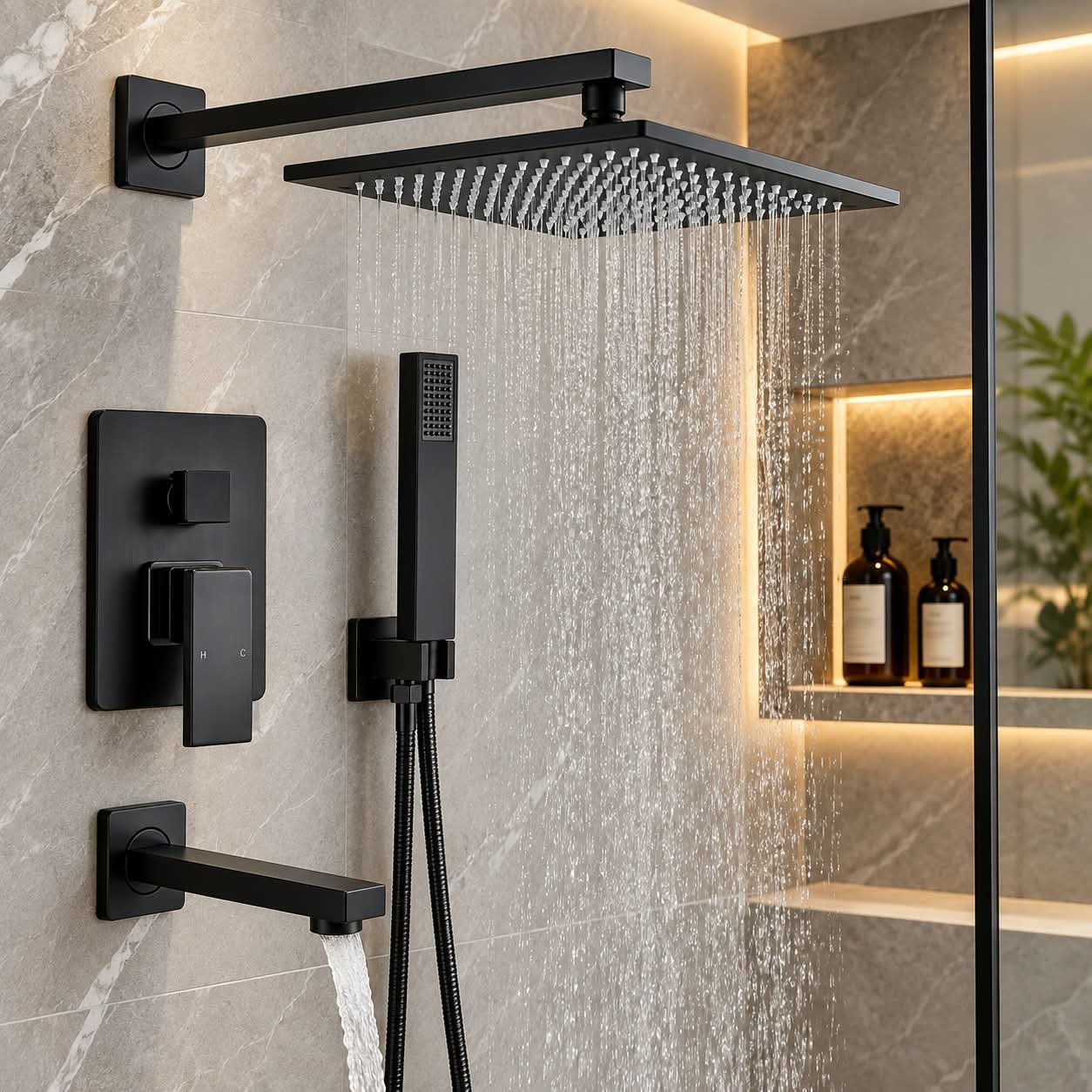 MATTE BLACK WALL-MOUNTED RAIN SHOWER FIXTURE SET WITH HANDHELD SPRAYER AND TUB SPOUT - Image 1