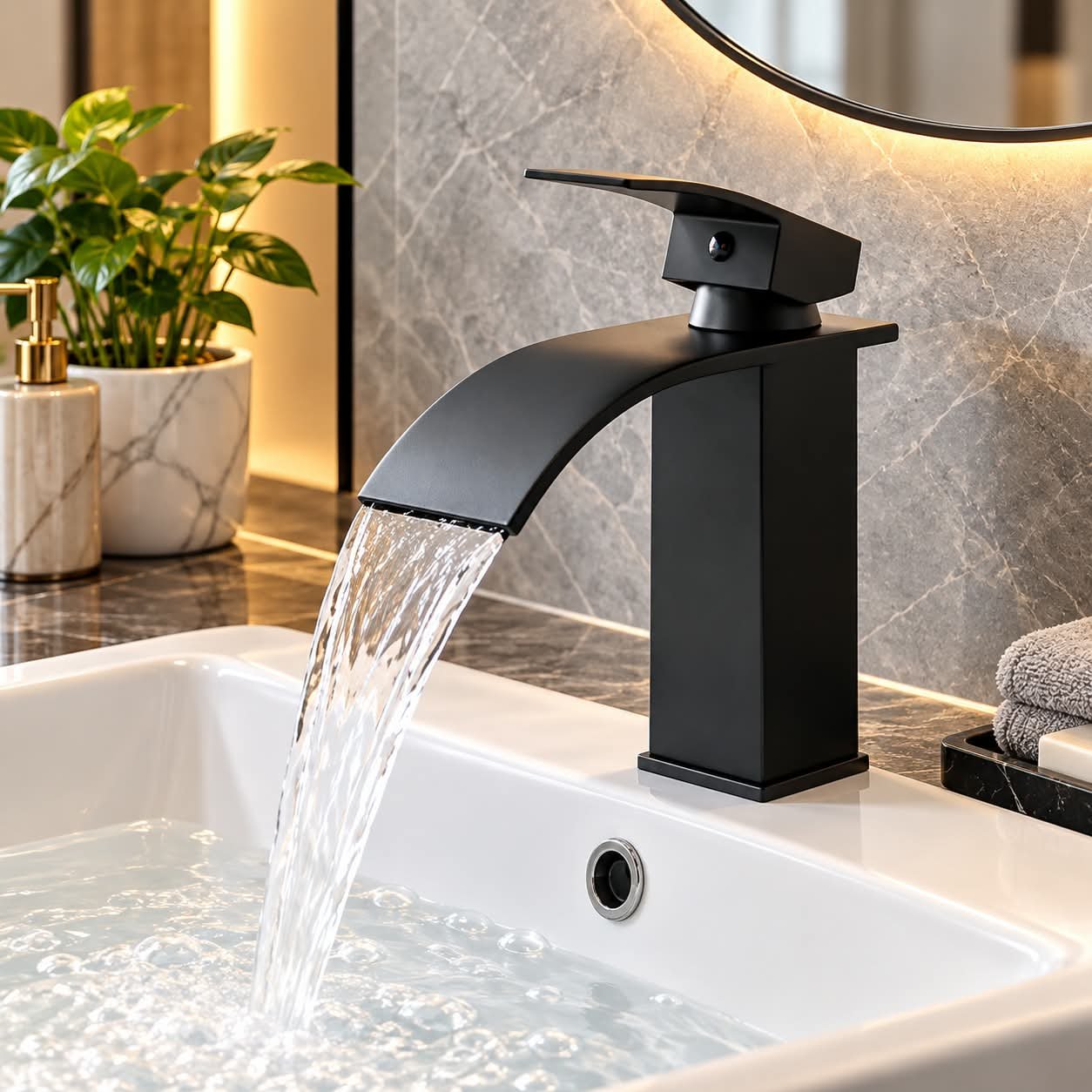 MODERN MATTE BLACK WATERFALL BATHROOM FAUCET - Image 1