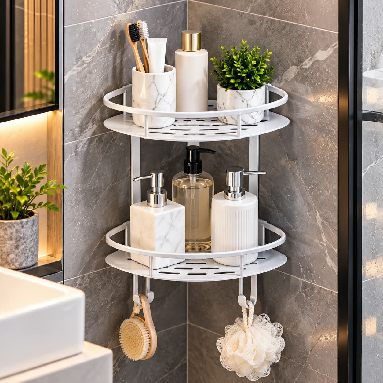 2-TIER CORNER SHOWER CADDY WITH HOOKS - Image 1