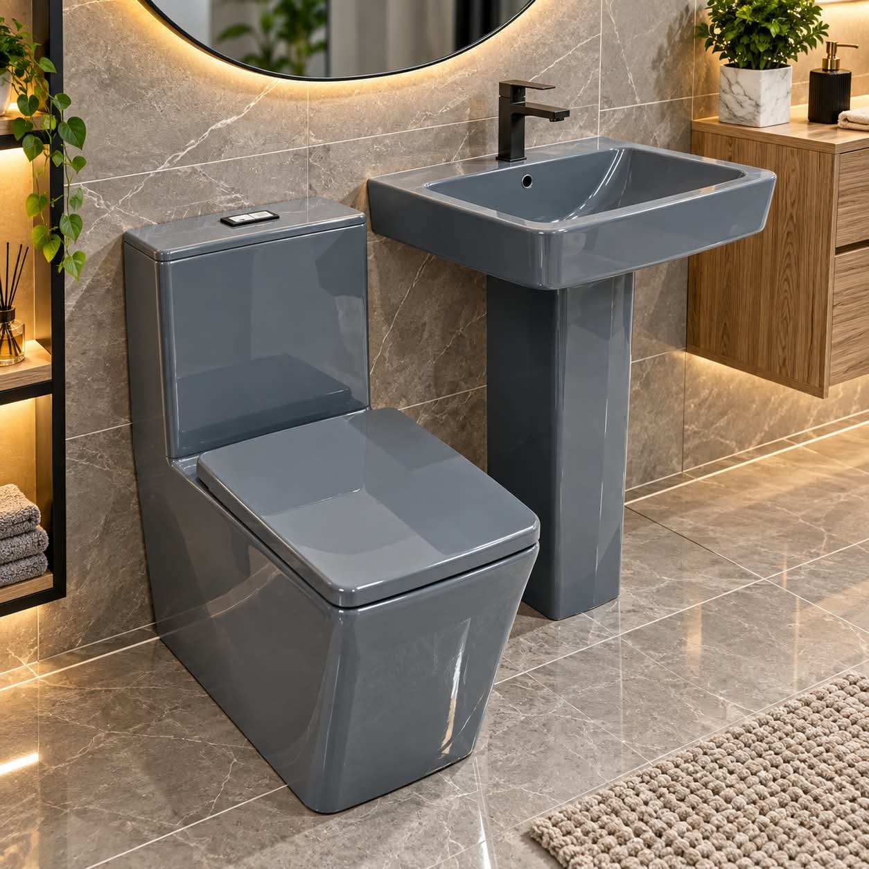 MODERN GREY CERAMIC BATHROOM SUITE WITH PEDESTAL SINK AND TOILET - Image 1