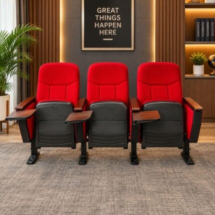 RED THREE-SEATER AUDITORIUM AND CINEMA CHAIRS WITH WRITING TABLETS