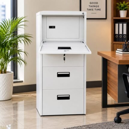 WHITE MULTI-FUNCTIONAL OFFICE FILING CABINET WITH INTEGRATED SAFE AND FLIP-DOWN WORKSPACE