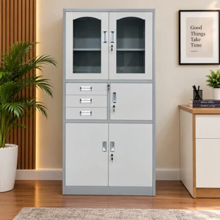 LUXURY STEEL OFFICE STORAGE CABINET WITH GLASS DOORS AND DRAWERS