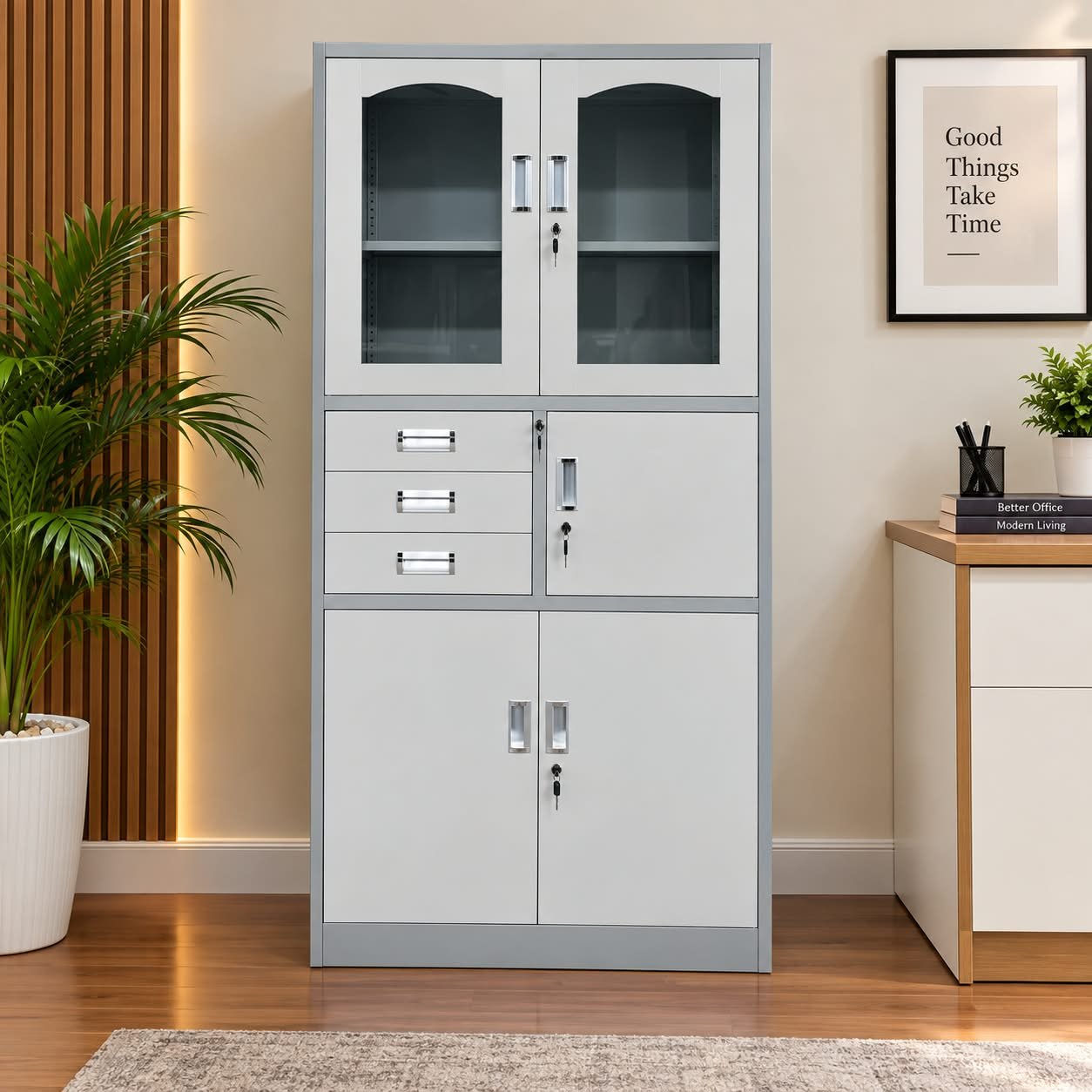 cabinet LUXURY STEEL OFFICE STORAGE CABINET WITH GLASS DOORS AND DRAWERS - Image 1