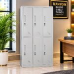 SIX-DOOR GREY METAL STORAGE LOCKER CABINET WITH INSET HANDLES