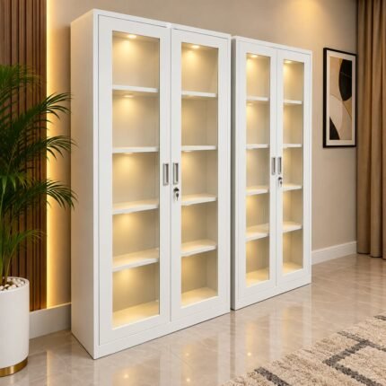 WHITE GLASS DOOR DISPLAY CABINET SET WITH LED LIGHTING AND LOCKS
