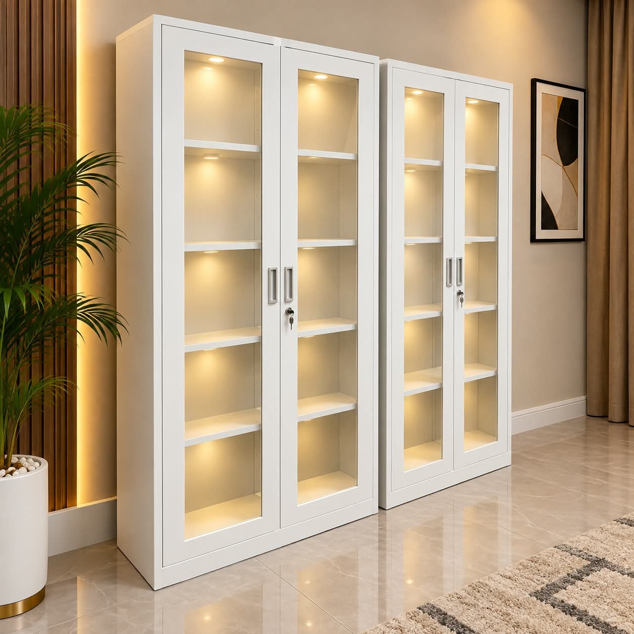. WHITE GLASS DOOR DISPLAY CABINET SET WITH LED LIGHTING AND LOCKS - Image 1